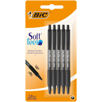 Soft Feel Ball Point Pens, Black, Comfortable Grip, Pack of 5 thumbnail 2