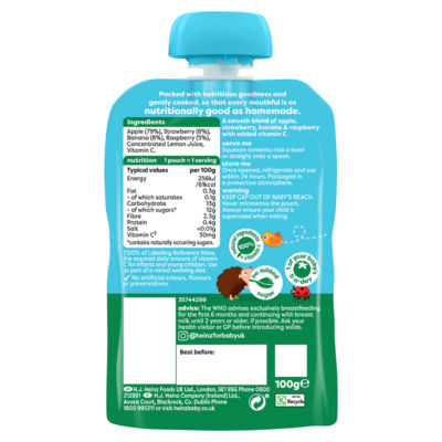 Strawberry, Banana, Raspberry & Apple Baby Food Fruit Puree Pouch 6+ Months 100g thumbnail 3