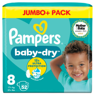 Pampers Baby-Dry Nappies, Size 8 (17kg+) Jumbo+ Pack