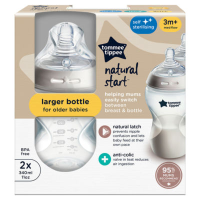 2x 340ml Natural Start Anti-Colic Baby Bottles, Medium-Flow, 3m+