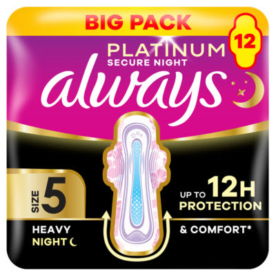 Platinum Sanitary Towels Heavy Flow Night (Size 5) Wings 12 Pads thumbnail 2