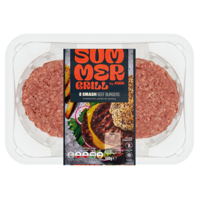 SUMMER GRILL by ASDA Flavoursome 8 Smash Beef Burgers 680g