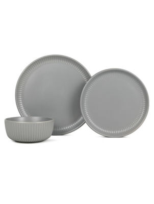 Grey Ribbed Stoneware Dinner Set