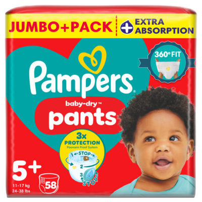 Baby-Dry Nappy Pants Size 5+, 58 Nappies, 11kg-17kg, Jumbo+ Pack
