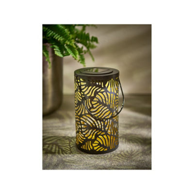 Gold-Tone Solar Laser Cut Table Lantern With Leaf Print
