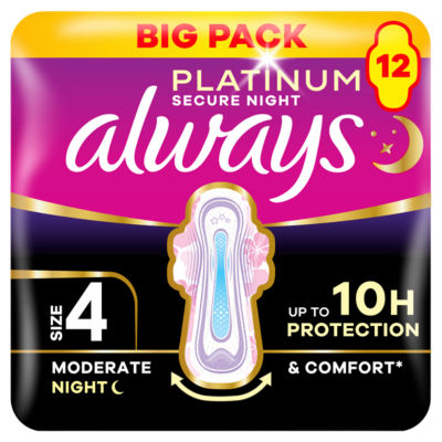 Platinum Sanitary Towels Moderate Flow Night (Size 4) 12 Pads thumbnail 2