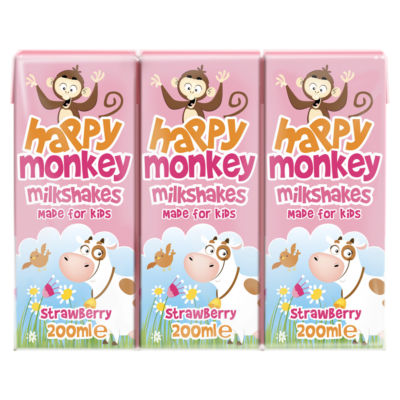 Happy Monkey Strawberry Milkshakes 3 x 200ml