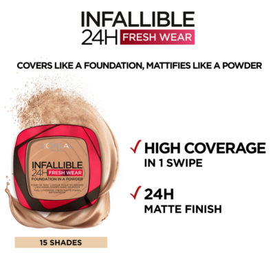 L'Oreal Paris Foundation, Infallible 24H Fresh Wear Foundation in Powder, Shade 130 True Beige, 9g thumbnail 3