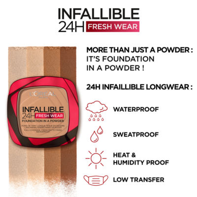 L'Oreal Paris Foundation, Infallible 24H Fresh Wear Foundation in Powder, Shade 130 True Beige, 9g thumbnail 4