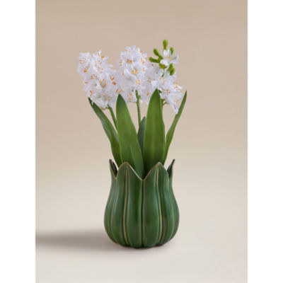 White Artificial Hyacinths In Green Ceramic Pot thumbnail 2
