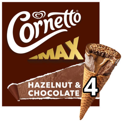 Cornetto MAX Hazelnut & Chocolate Ice Cream Cones 4 x 90ml