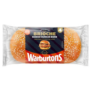 Warburtons 4 Soft and Sliced Seeded Brioche Burger Buns with Butter and Eggs