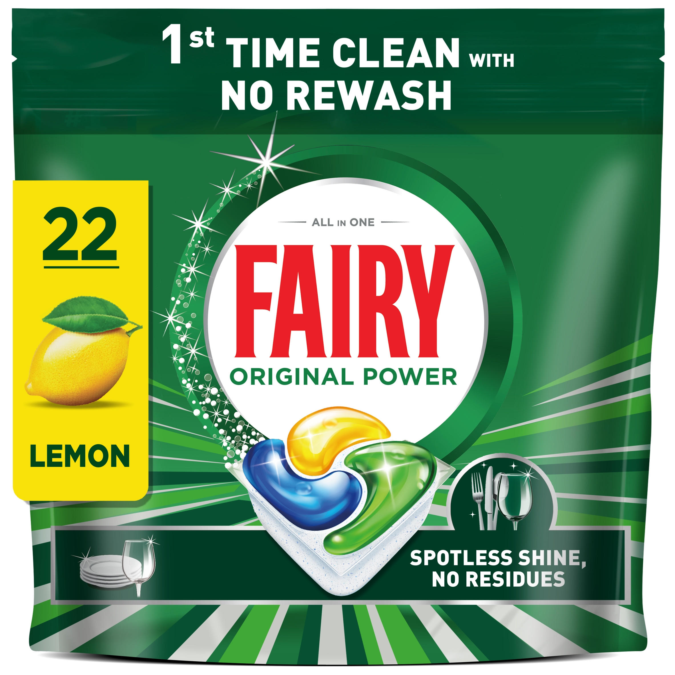 Fairy Original Power Dishwasher Tablets, Lemon, 22 Capsules