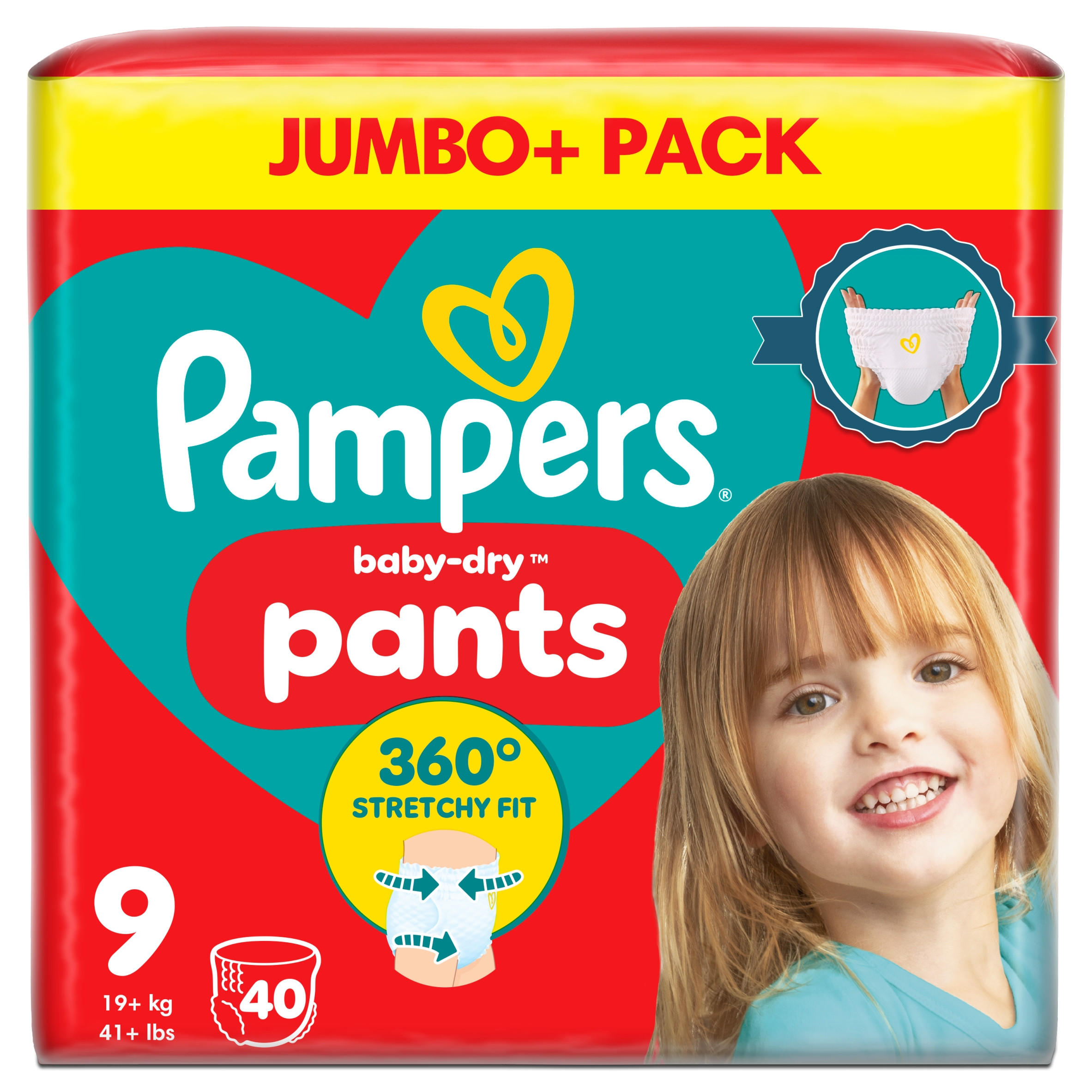Pampers Baby-Dry Nappy Pants Size 9, 40 Nappies, 19kg+, Jumbo+ Pack