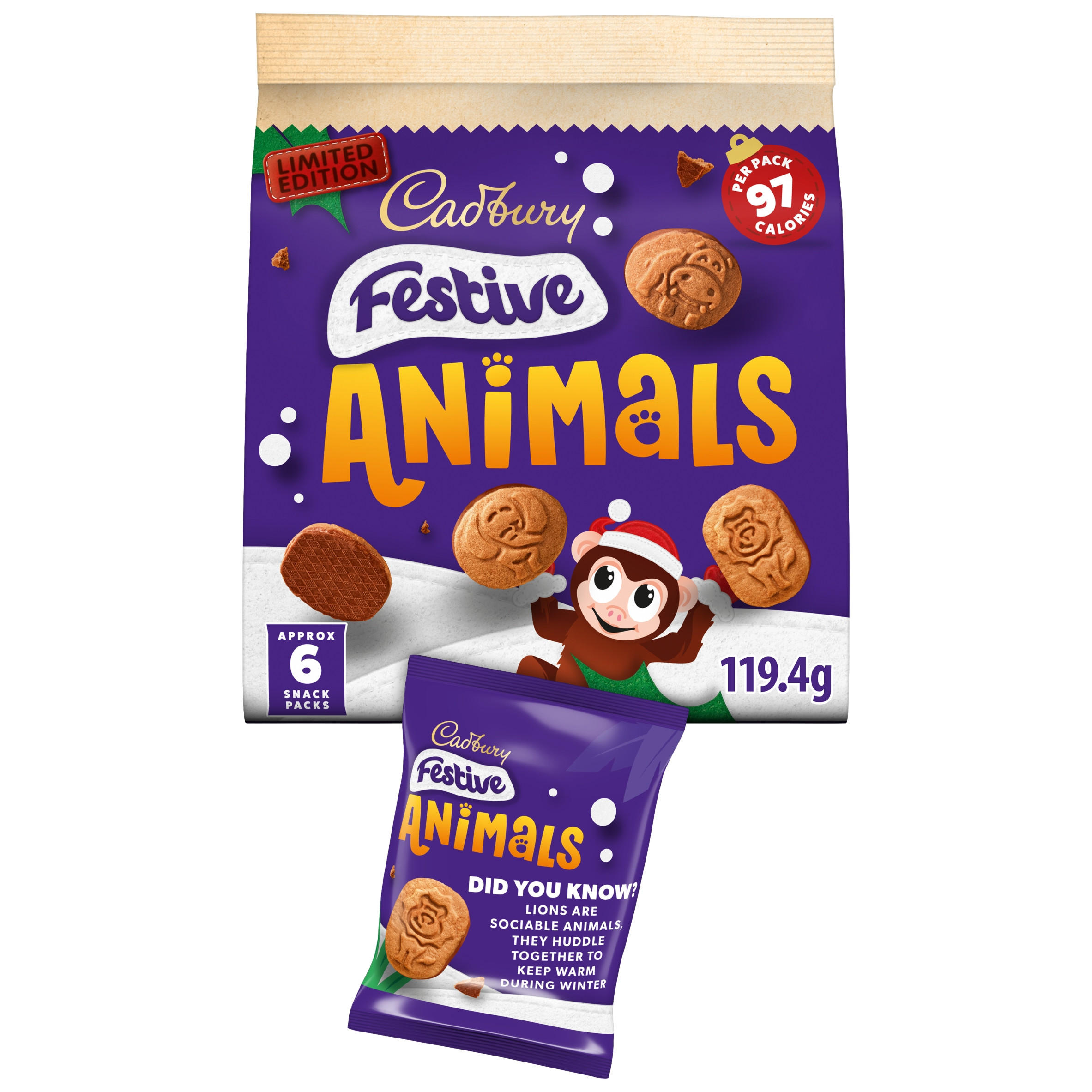 Cadbury Chocolate Festive Mini Animal Biscuits 6 Pack Multipack 119g (6 x 19.9g) Limited Edition