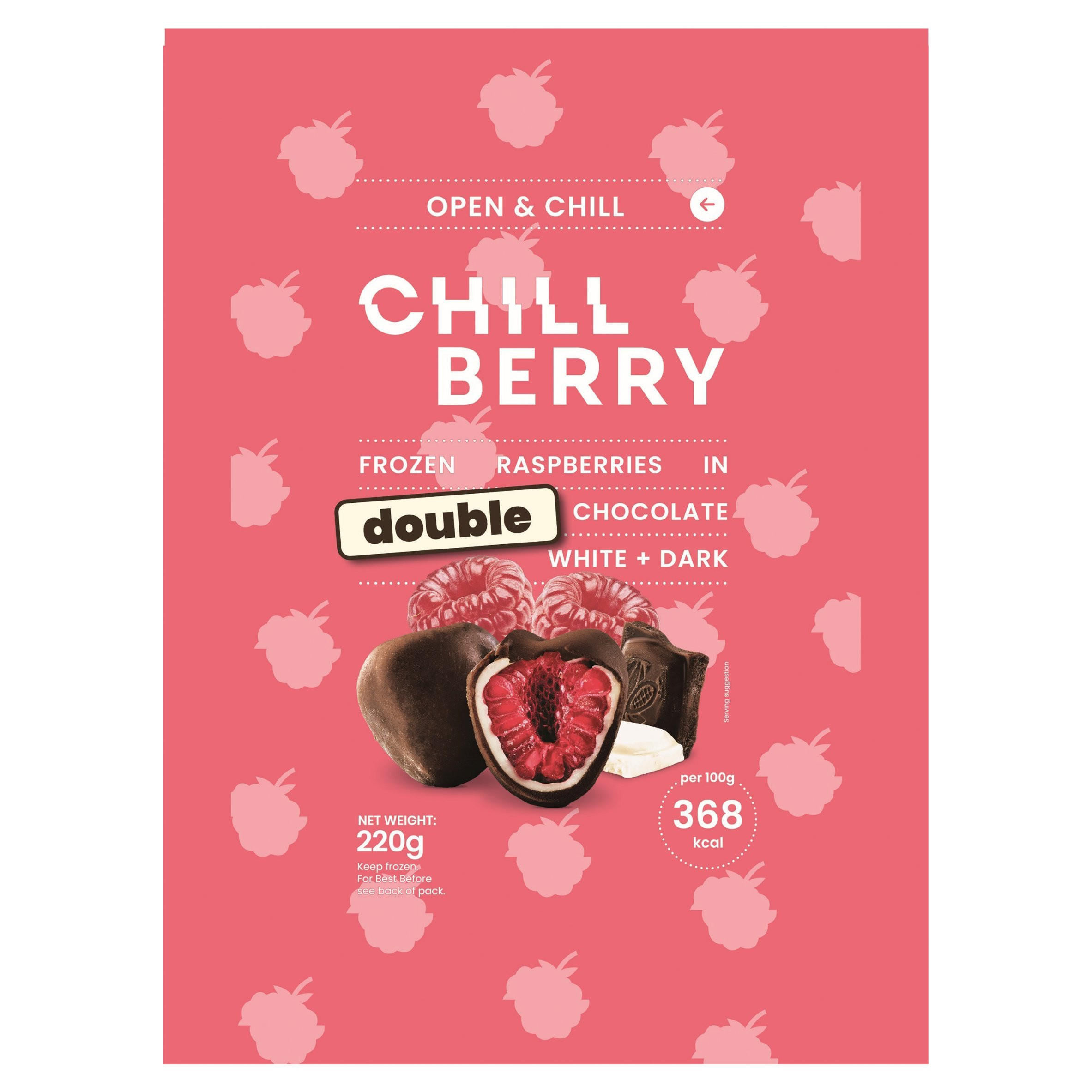 Chill Berry Frozen Raspberries in Double Chocolate White + Dark 220g