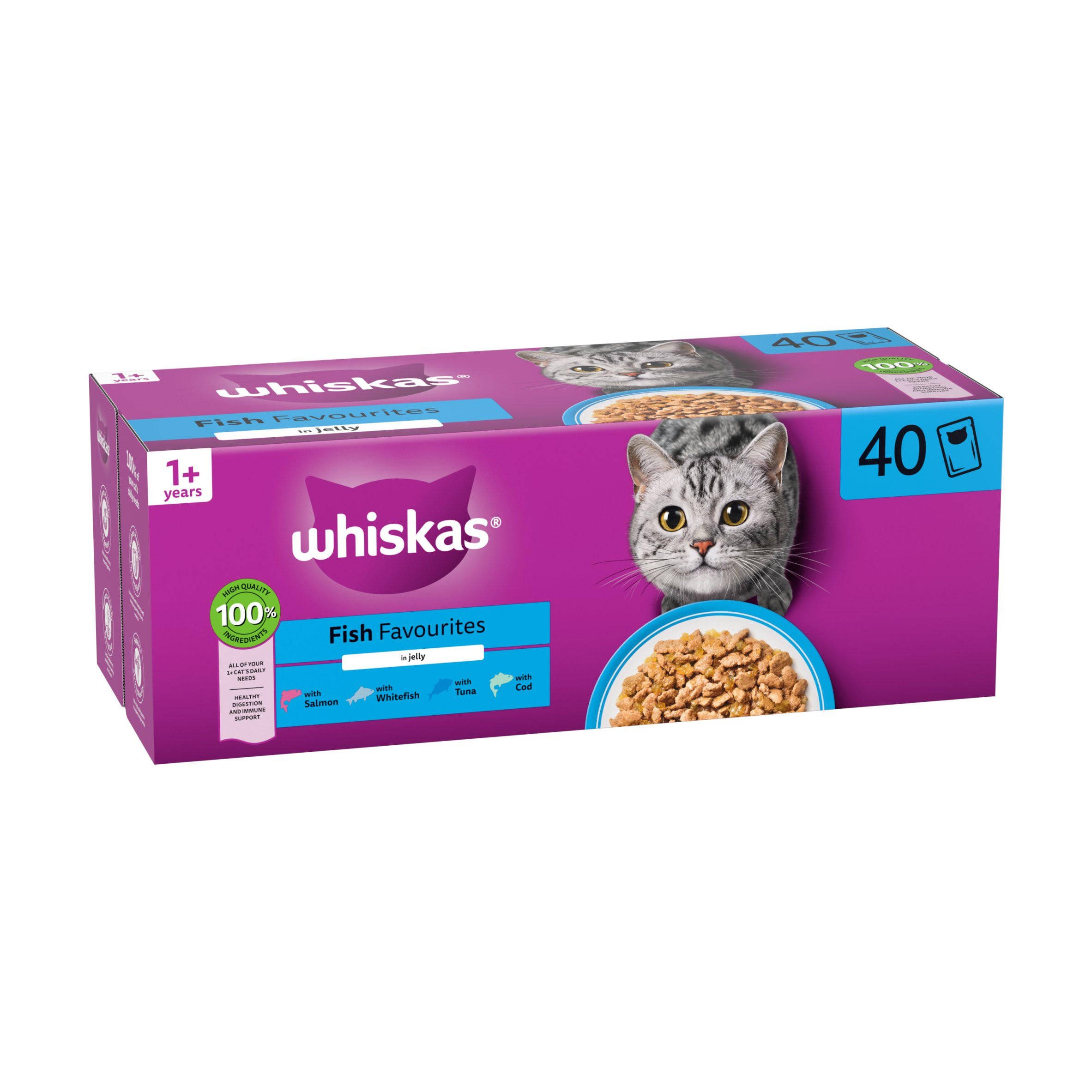 WHISKAS 1+ FISH Favourites Wet Cat Food Pouches in Jelly 40 x 85g