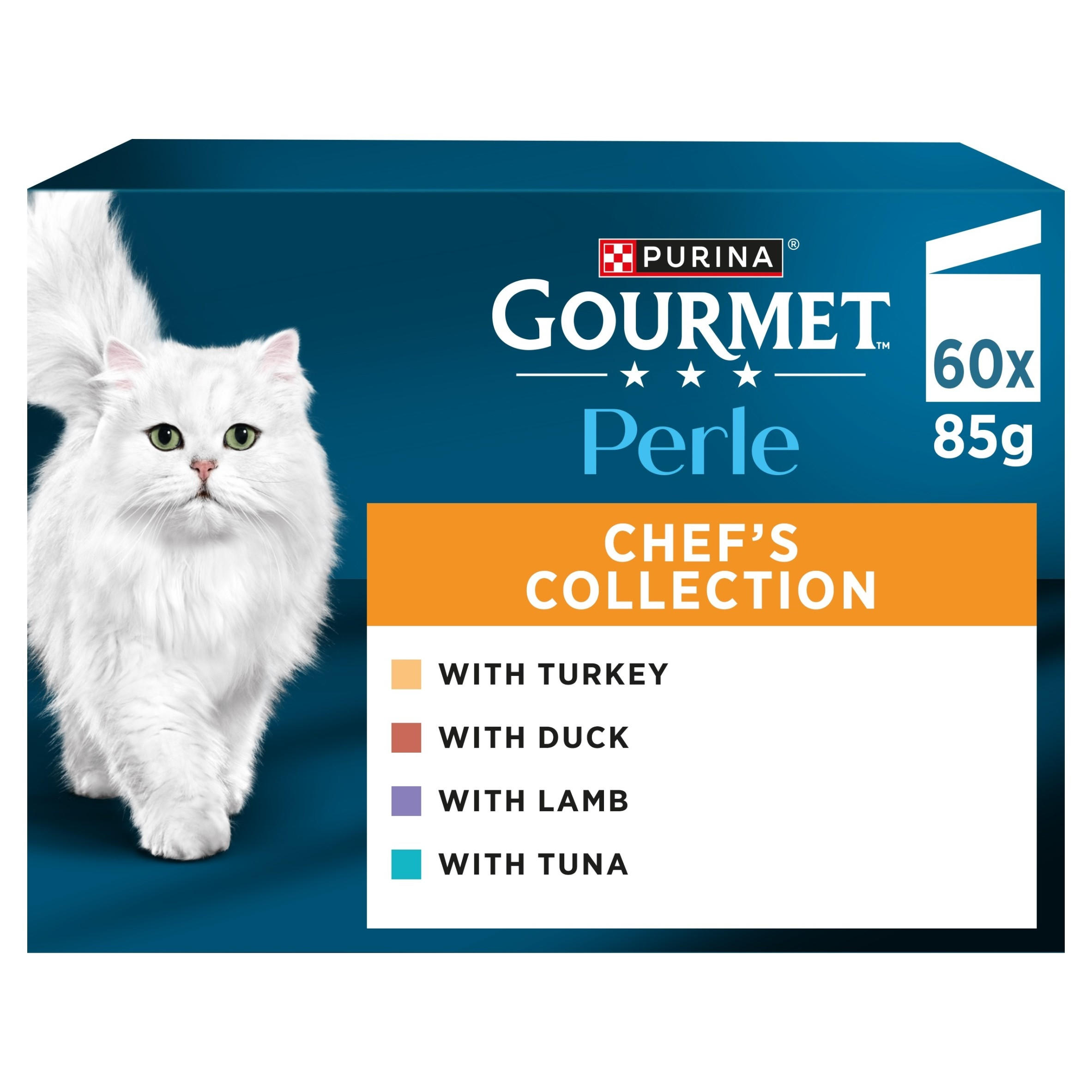 GOURMET Perle Mini Fillets in Gravy Chef's Collection (Turkey, Tuna, Duck, Lamb) Wet Cat food 60x85g