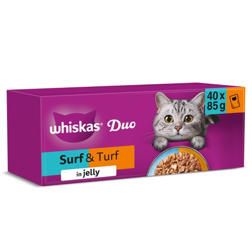 Whiskas 1+ Adult Wet Cat Food Pouches Surf & Turf Duo in Jelly