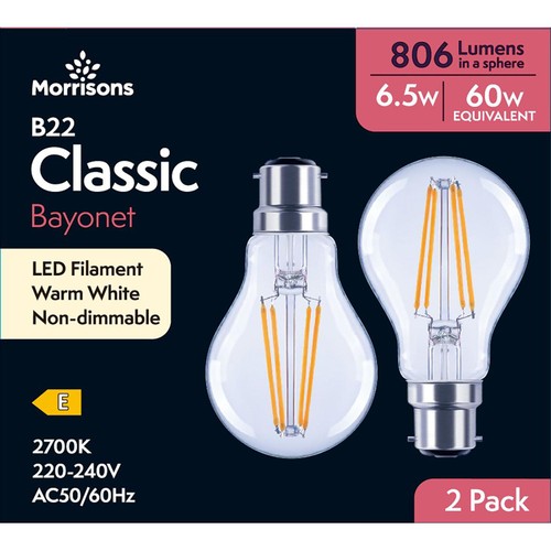Morrisons LED GLS Filament 806 Lumens 6.5W BC