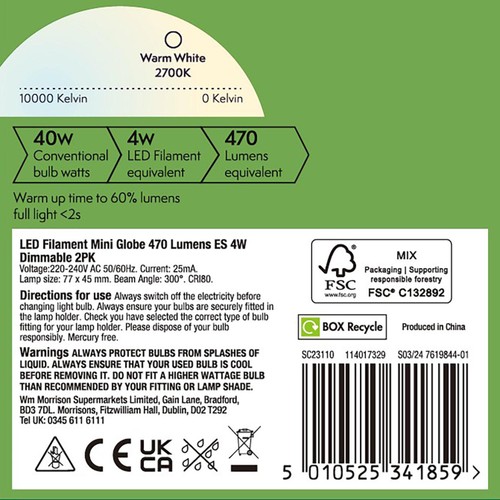 Morrisons LED Mini Globe 470 Lumens ES 4W Dimmable
