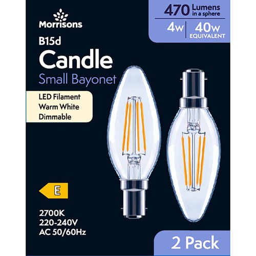 Morrisons LED Filament Candle 470 Lumens Sbc 4W Dimmable