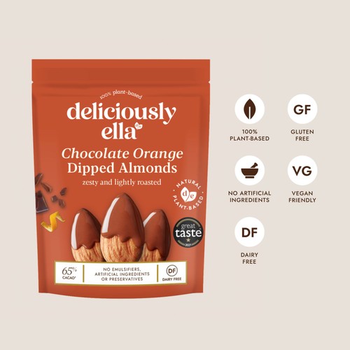 Deliciously Ella Chocolate Orange Dipped Almond Share Snack Bag 75g thumbnail 2