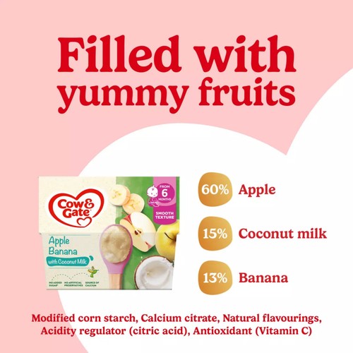 Cow & Gate Apple, Banana with Coconut Milk Baby Food Pot 6+ Months 4x95g thumbnail 2