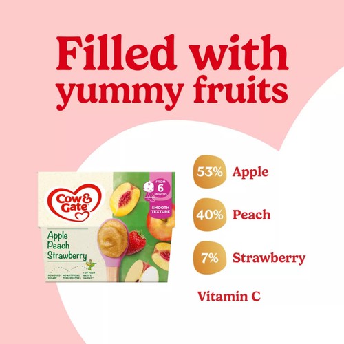 Cow & Gate Apple Peach & Strawberry Baby Food Fruit Pot 6+ Months 4x100g thumbnail 2