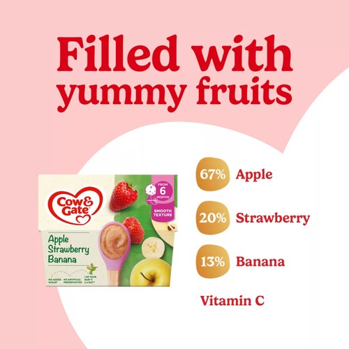 Cow & Gate Apple Strawberry & Banana Baby Food Fruit Pot 6+ Months 4x100g thumbnail 2