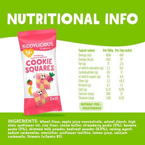 Kiddylicious Strawberry, Banana & Beetroot Cookie Squares 18+M 6x24g thumbnail 4