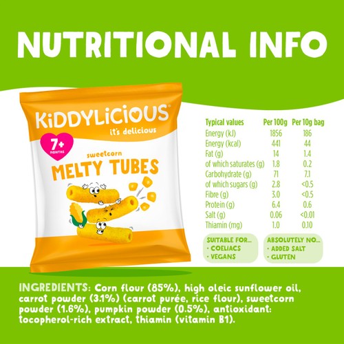Kiddylicious Sweetcorn Melty Tubes 7m+ 4 x 10g thumbnail 4