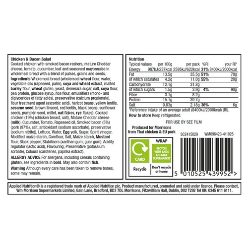 Applied Nutrition High Protein Chicken & Bacon Salad Sandwich  264g thumbnail 3
