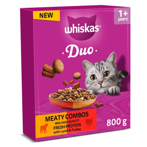 WHISKAS 1+ DUO MEATY Combos Dry Cat Food Biscuits 800g