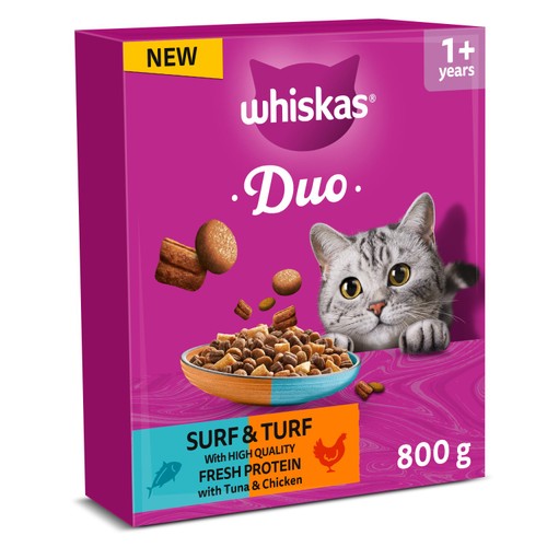 WHISKAS 1+ DUO Surf & Turf Dry Cat Food Biscuits 800g