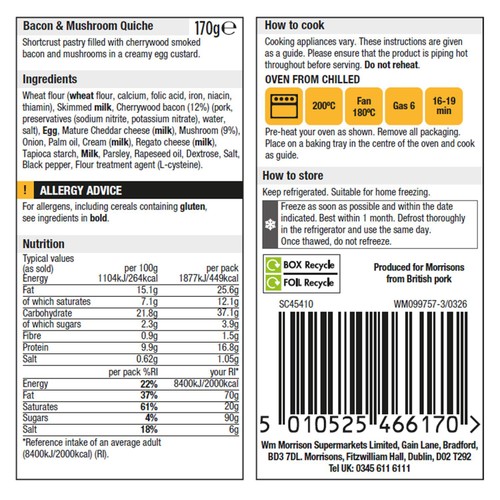 Morrisons Bacon & Mushroom Quiche 170g thumbnail 2