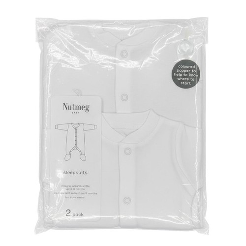 Nutmeg 0-3 Months White Popper Sleepsuits