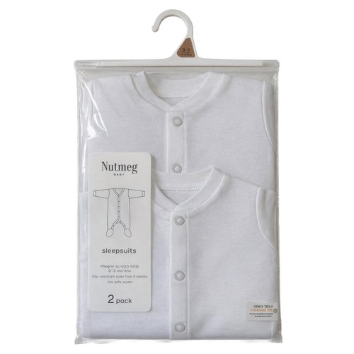 Nutmeg 9-12 Months White Popper Sleepsuits 2 pack Long Sleeve