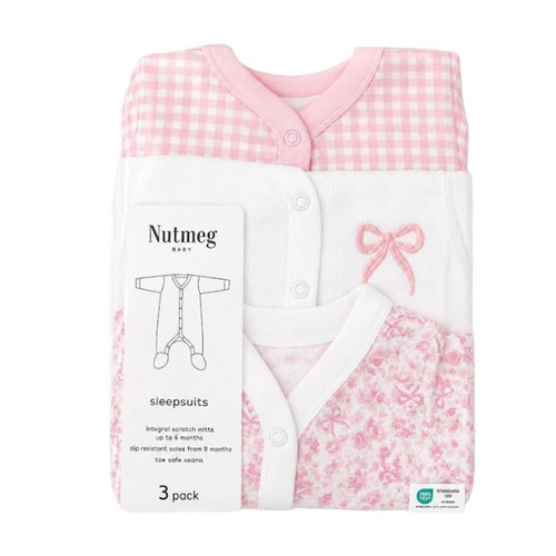 Nutmeg Size 6-9 Months Pink 3 Pack Baby Gingham Sleepsuit