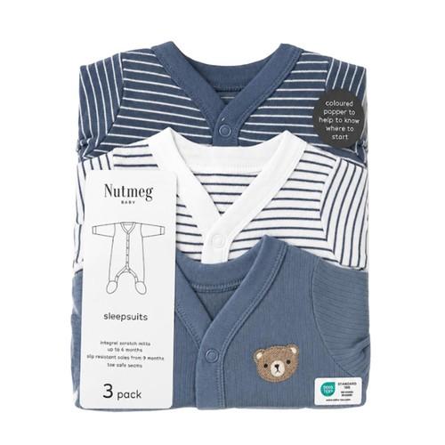 Nutmeg Size 18-24 Months Blue 3 Pack Baby Gingham Sleepsuit