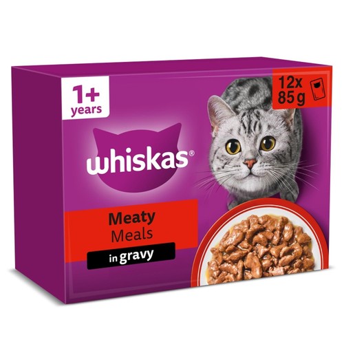 Whiskas 1+ Adult Wet Cat Food Pouches Meaty Meals in Gravy