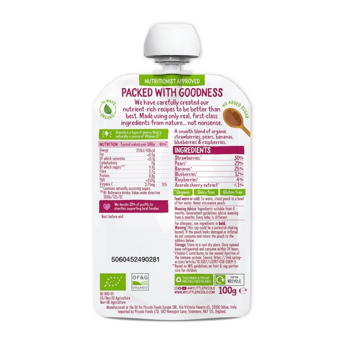 Piccolo Blushing Berries, Pear & Banana Organic Pouch, 4 mths+ thumbnail 2
