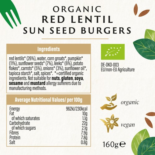 Biona Organic Red Lentil Sun Seed Burgers thumbnail 2