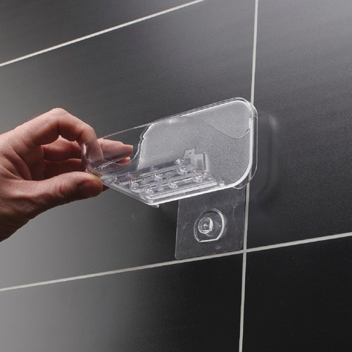 Addis Invisifix Bathroom Soap Dish Tray with Wall Mount Storage, Clear thumbnail 7
