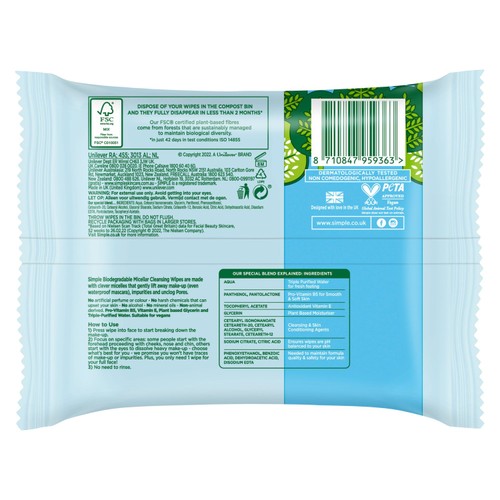 Simple Kind to Skin Micellar Biodegradable Cleansing Wipes thumbnail 4