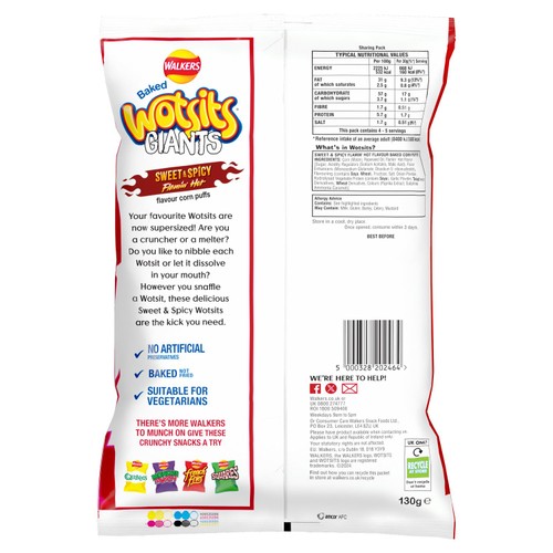 Walkers Wotsits Giants Sweet & Spicy Snacks Crisps 130g thumbnail 2