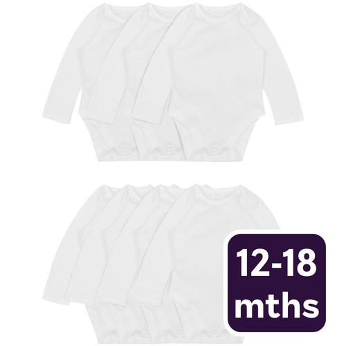 M&S Baby Cotton Long Sleeve Bodysuits, White, 12-18 Months