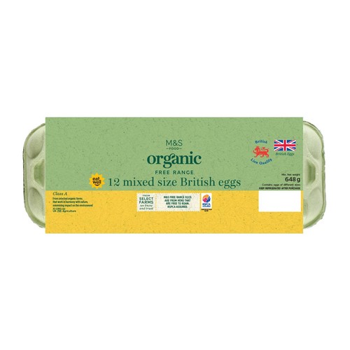 M&S Organic British 12 Free Range Mixed Size Eggs