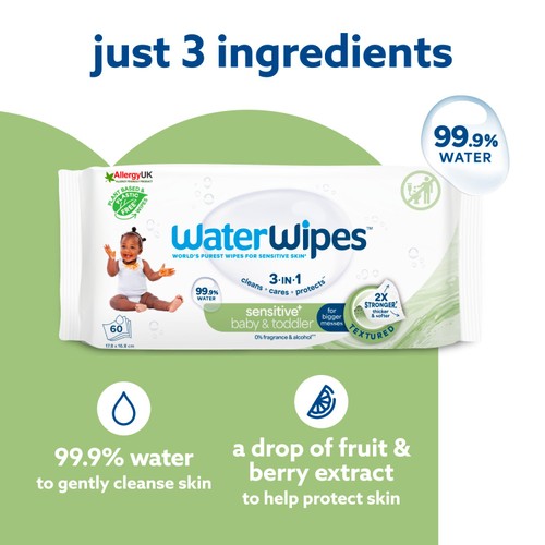 WaterWipes Baby Wipes Sensitive Weaning Plastic Free Wipes 60 Wipes thumbnail 7