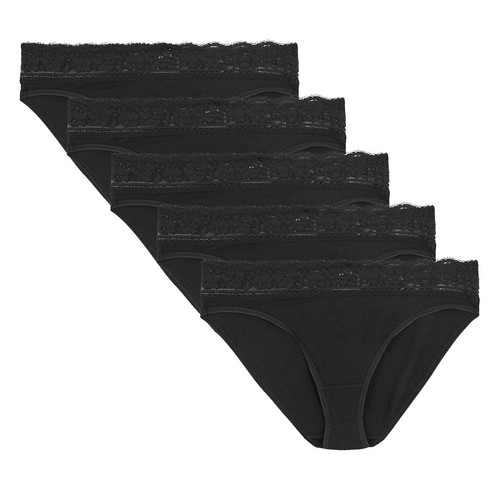 M&S Womens Collection 5 Pack Cotton Lycra & Lace Knickers, Size 10, Black